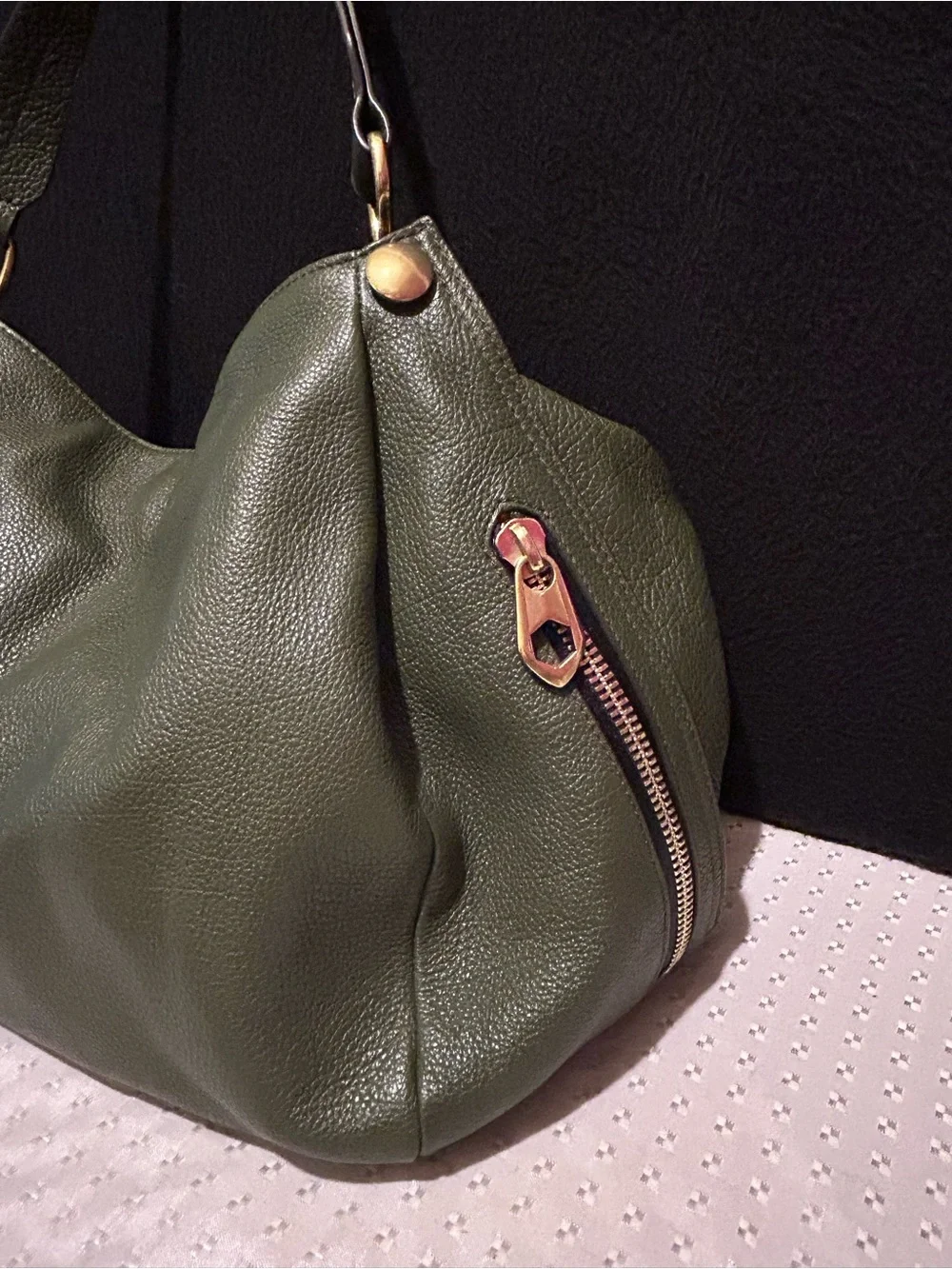 orYANY Olive Green Pebbled Leather Hobo Shoulder Bag.